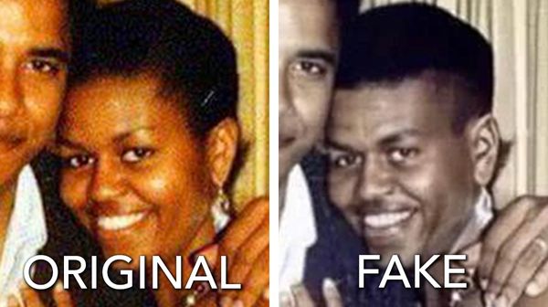 This picture of Barack and Michelle Obama was doctored to give Michelle male features and pushed the debunked conspiracy theory that her name is Michael.