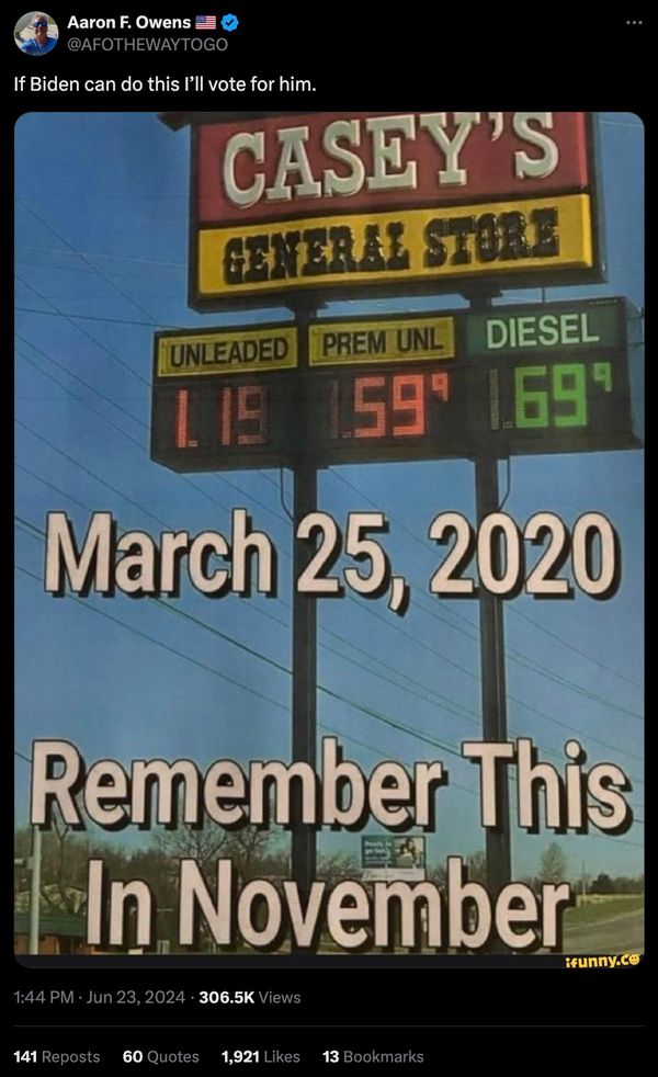 A gas prices meme for Casey's General Store displayed the date March 25 from 2020 and an unleaded price of one dollar and 19 cents per gallon.