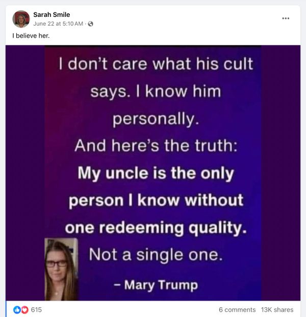 Quote memes claimed Mary Trump who is the niece of former US President Donald Trump once said the words my uncle is the only person I know without one redeeming quality.